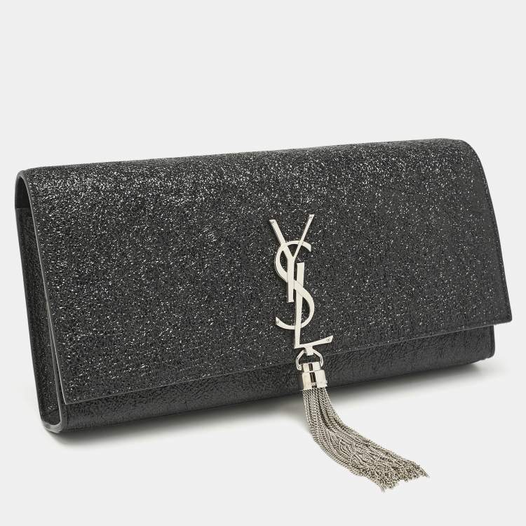 مملوكة مسبقًا Saint Laurent Black Ceramic Effect Leather Cassandre Tassel Clutch