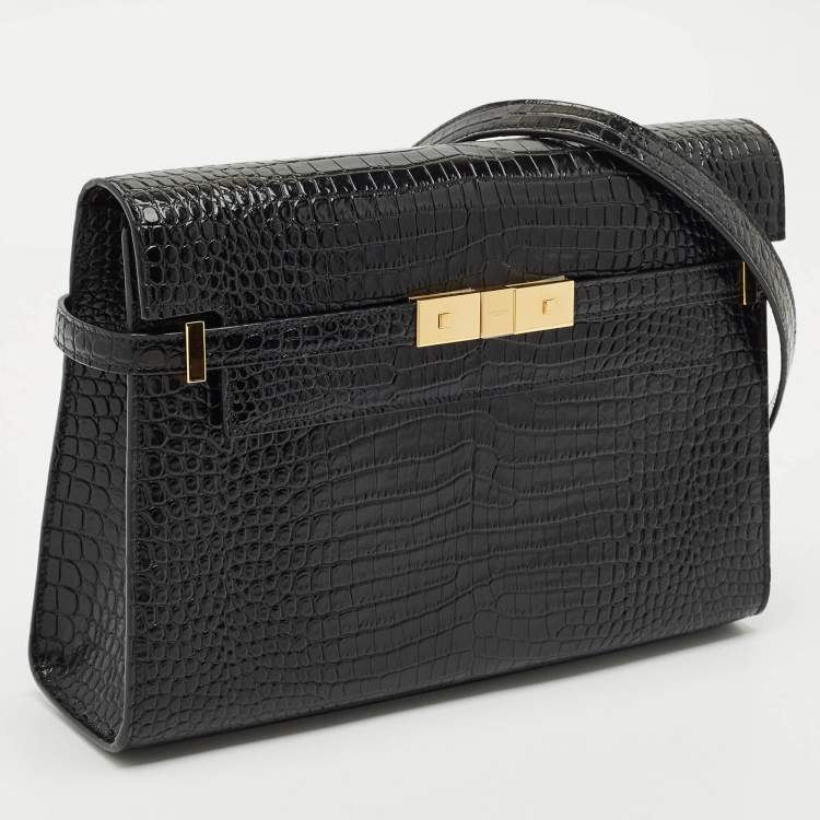Pre Owned Saint Laurent Black Croc Embossed Leather Manhattan Shoulder Bag
