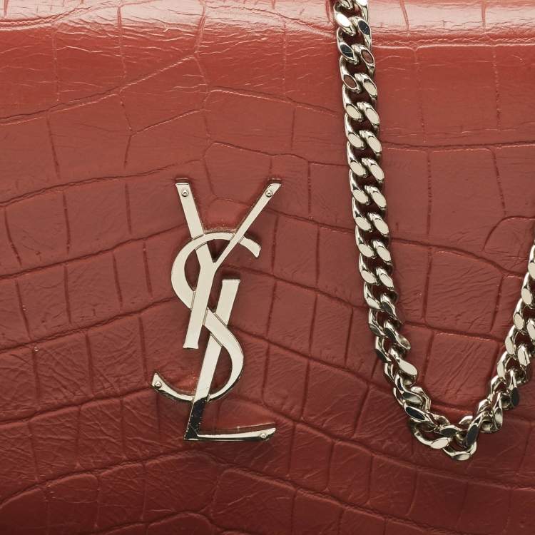 Pre Owned Saint Laurent Pink Croc Embossed Leather Monogram Wallet On Chain
