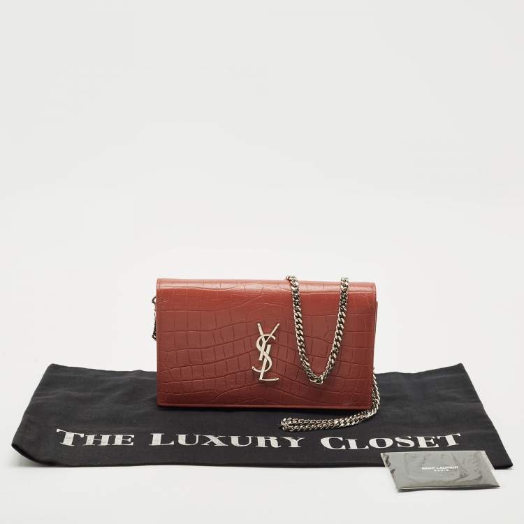 Pre Owned Saint Laurent Pink Croc Embossed Leather Monogram Wallet On Chain