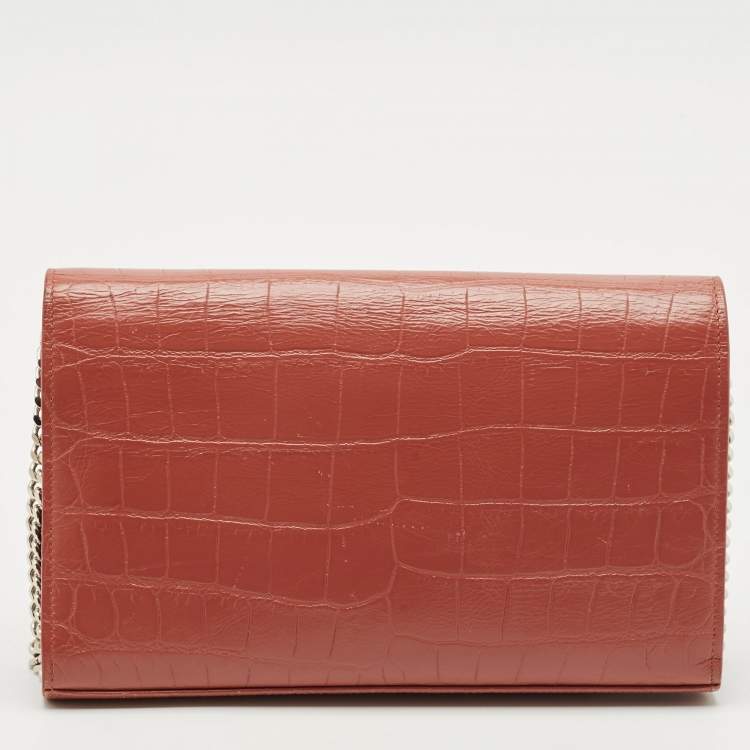Pre Owned Saint Laurent Pink Croc Embossed Leather Monogram Wallet On Chain