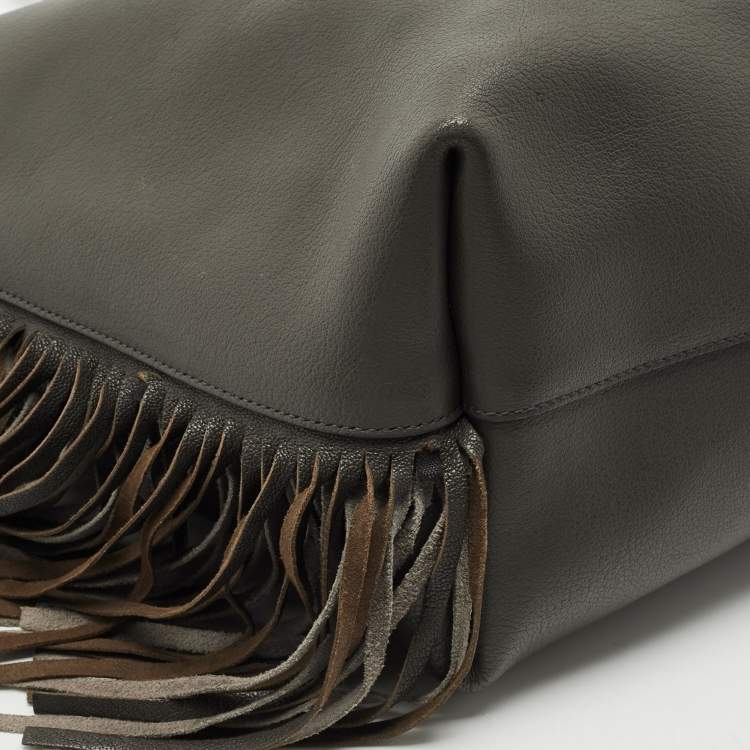 Pre Owned Saint Laurent Grey Leather Fringe E/W Shopping Tote