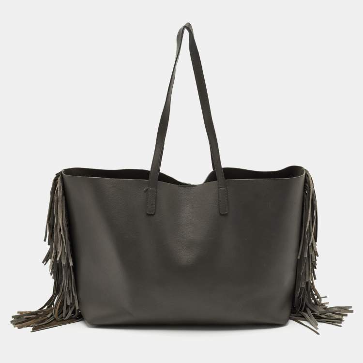 Pre Owned Saint Laurent Grey Leather Fringe E/W Shopping Tote