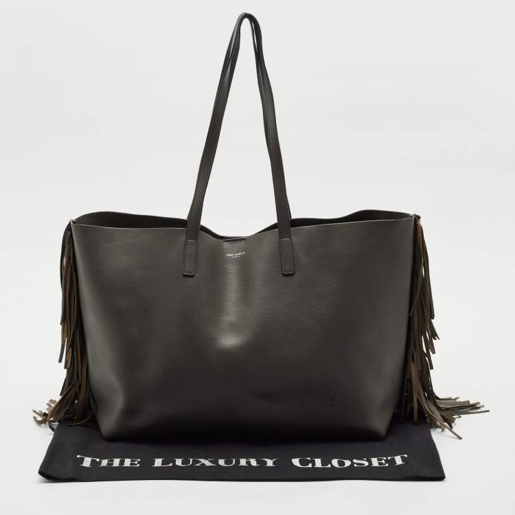 Pre Owned Saint Laurent Grey Leather Fringe E/W Shopping Tote