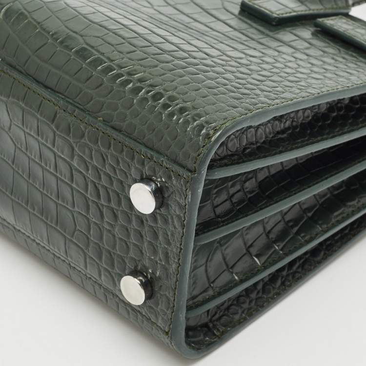 Pre Owned Saint Laurent Dark Green Croc Embossed Leather Nano Classic Sac De Jour Tote