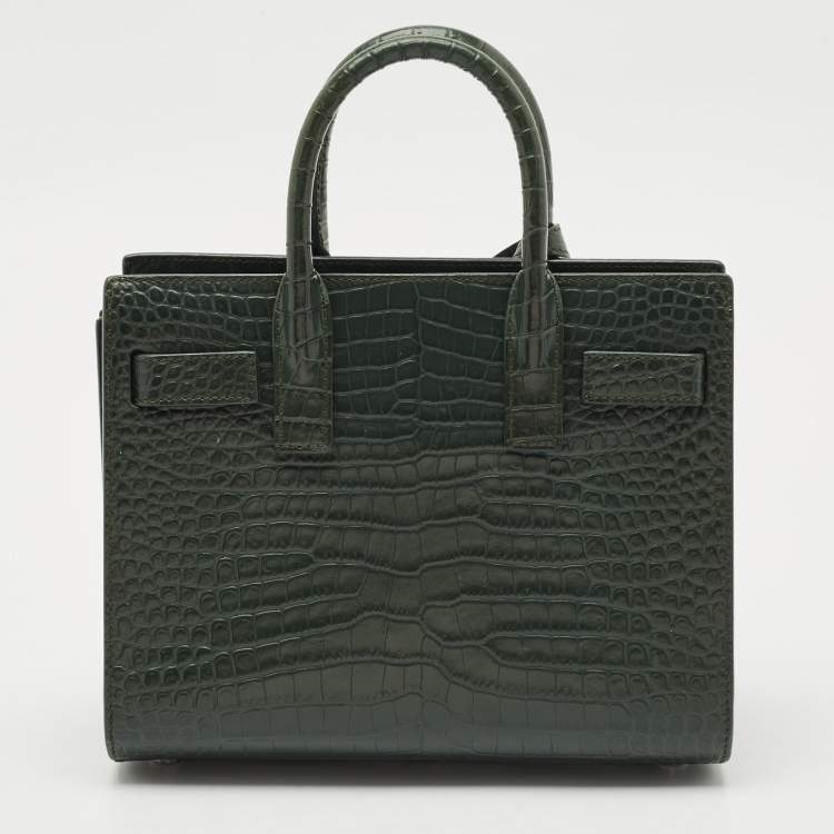 Pre Owned Saint Laurent Dark Green Croc Embossed Leather Nano Classic Sac De Jour Tote