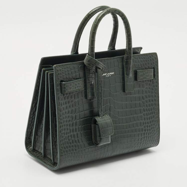 Pre Owned Saint Laurent Dark Green Croc Embossed Leather Nano Classic Sac De Jour Tote