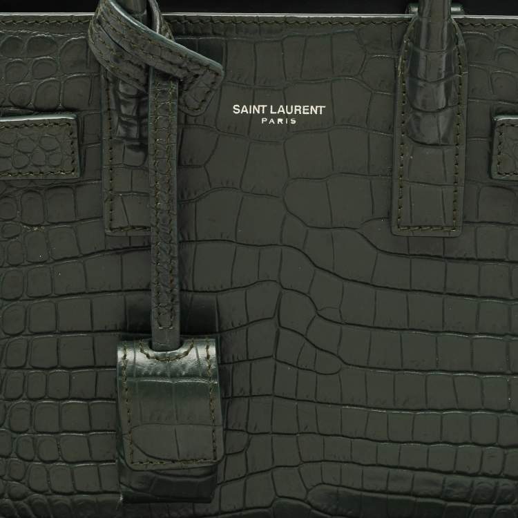 Pre Owned Saint Laurent Dark Green Croc Embossed Leather Nano Classic Sac De Jour Tote