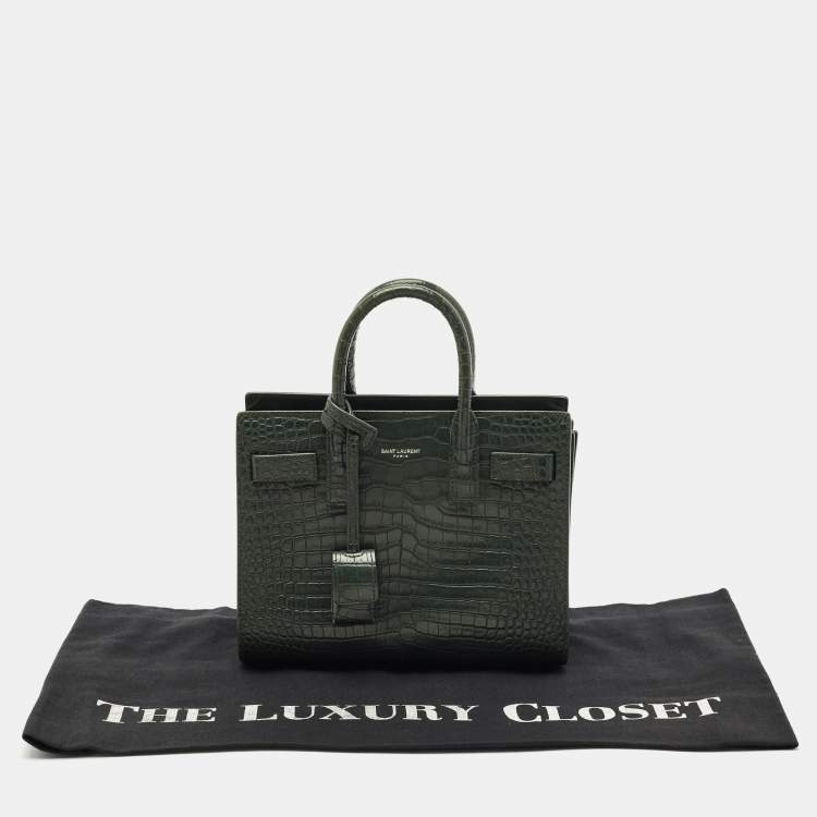 Pre Owned Saint Laurent Dark Green Croc Embossed Leather Nano Classic Sac De Jour Tote