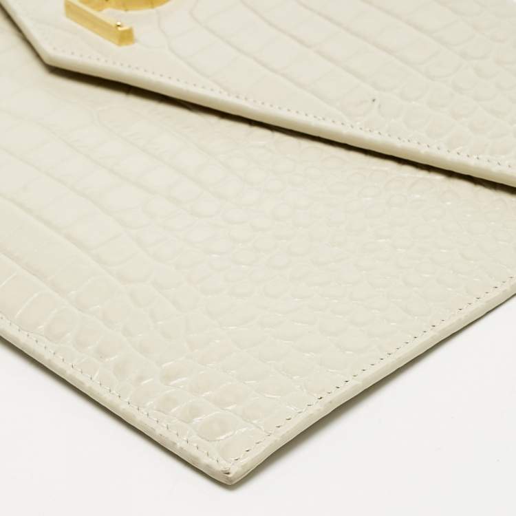 Pre Owned Saint Laurent Cream Croc Embossed Leather Uptown Pouch