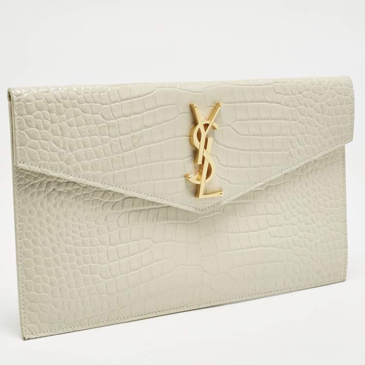 Pre Owned Saint Laurent Cream Croc Embossed Leather Uptown Pouch