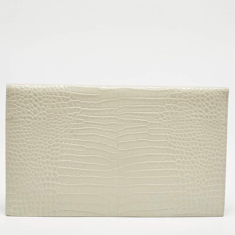 Pre Owned Saint Laurent Cream Croc Embossed Leather Uptown Pouch
