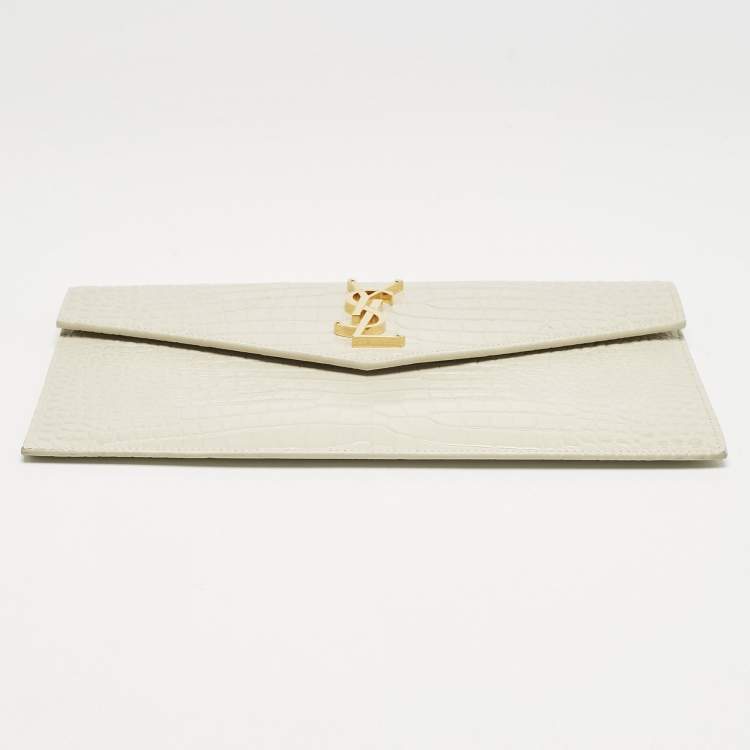 Pre Owned Saint Laurent Cream Croc Embossed Leather Uptown Pouch
