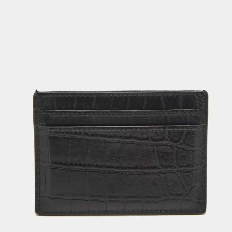 Pre Owned Saint Laurent Black Croc Embossed Leather Tiny Cassandre Card Holder