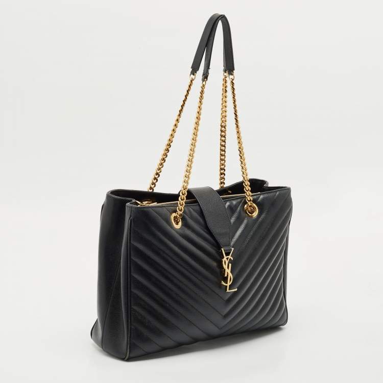 مملوكة مسبقًا Saint Laurent Black Chevron Leather Cassandre Shopper Tote