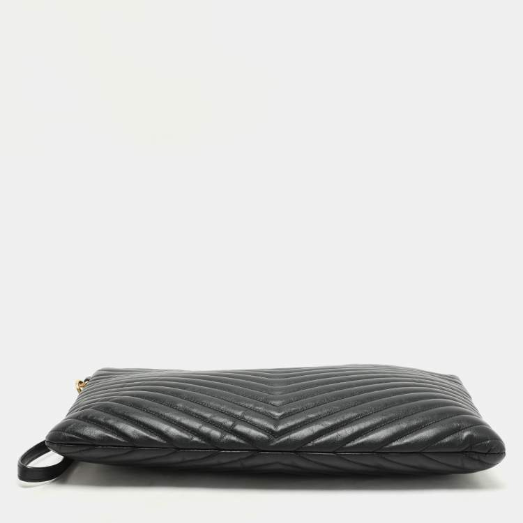 Pre Owned Saint Laurent Black Matelasse Leather Cassandre Wristlet Pouch