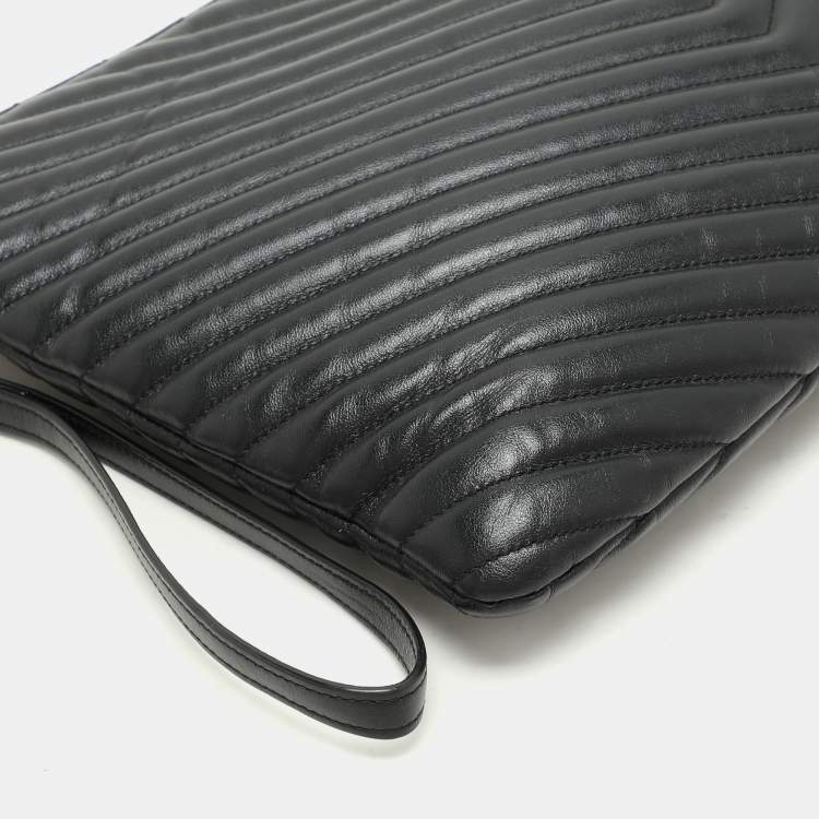 Pre Owned Saint Laurent Black Matelasse Leather Cassandre Wristlet Pouch