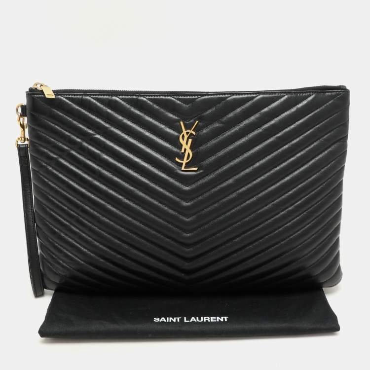 Pre Owned Saint Laurent Black Matelasse Leather Cassandre Wristlet Pouch