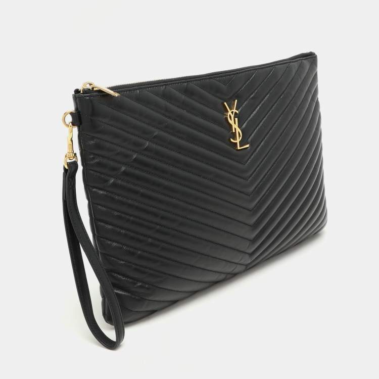 Pre Owned Saint Laurent Black Matelasse Leather Cassandre Wristlet Pouch