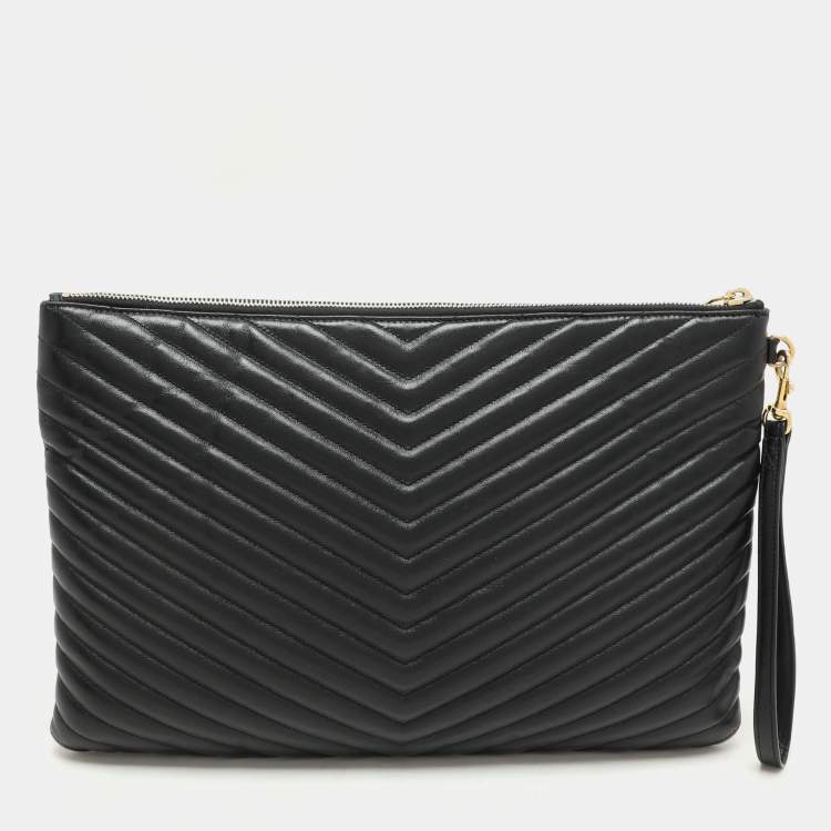 Pre Owned Saint Laurent Black Matelasse Leather Cassandre Wristlet Pouch