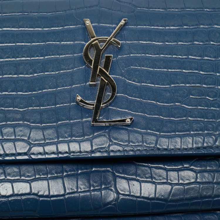 Pre Owned Saint Laurent Blue Croc Embossed Leather Medium Sunset Shoulder Bag