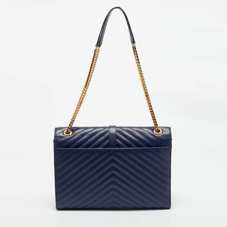 Pre Owned Saint Laurent Blue Matelassé Leather Large Monogram Envelope Shoulder Bag