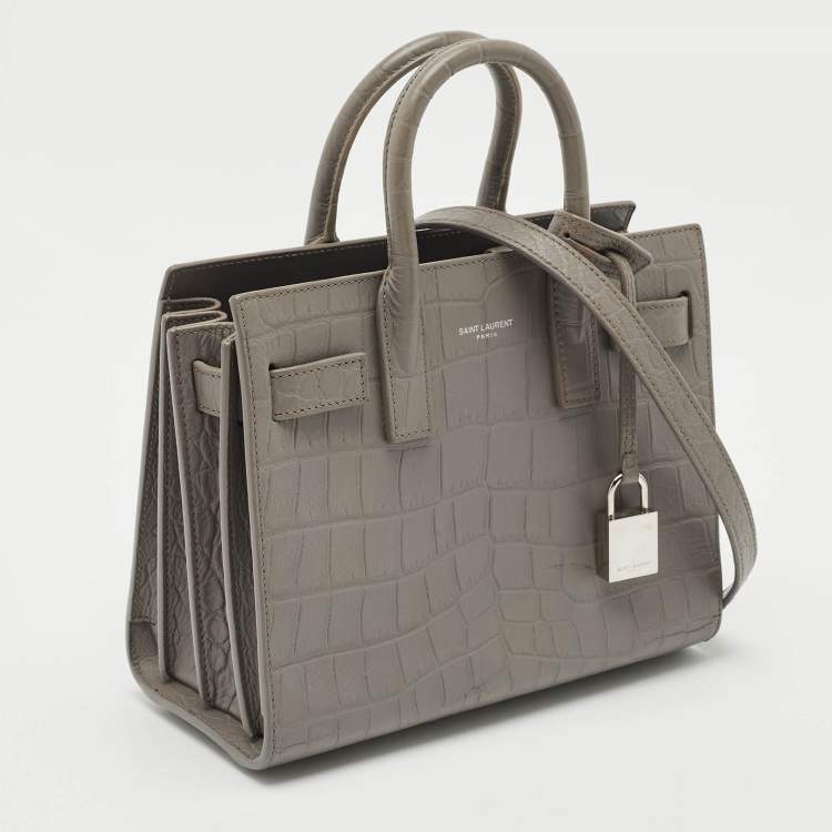 Pre Owned Saint Laurent Grey Croc Embossed Leather Nano Classic Sac De Jour Tote