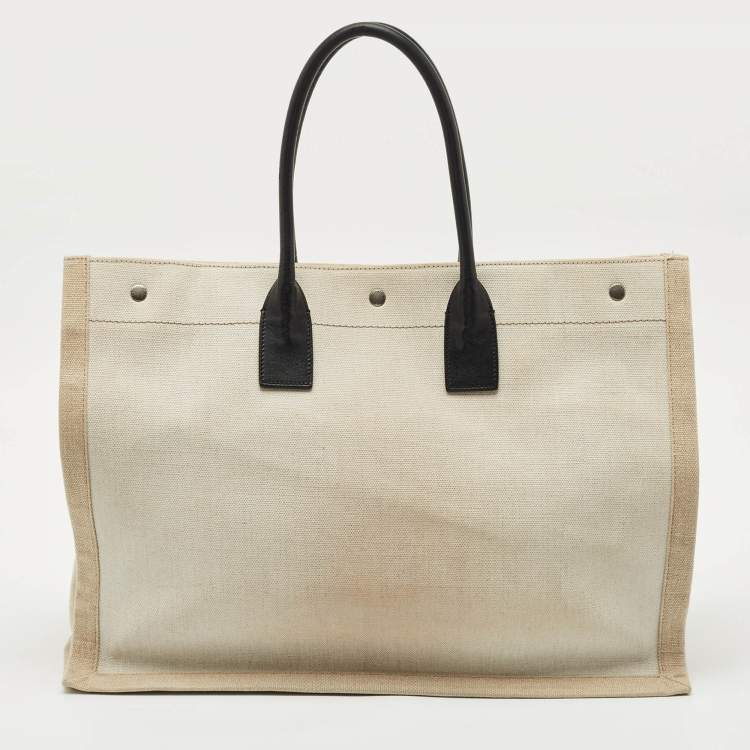 Pre Owned Saint Laurent Beige/Ivory Canvas and Leather Large Rive Gauche Tote