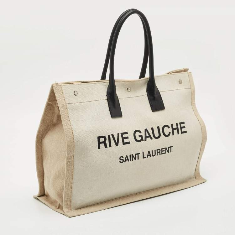 Pre Owned Saint Laurent Beige/Ivory Canvas and Leather Large Rive Gauche Tote