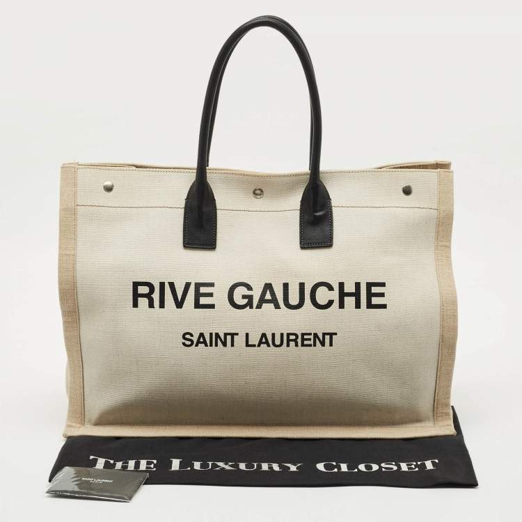Pre Owned Saint Laurent Beige/Ivory Canvas and Leather Large Rive Gauche Tote