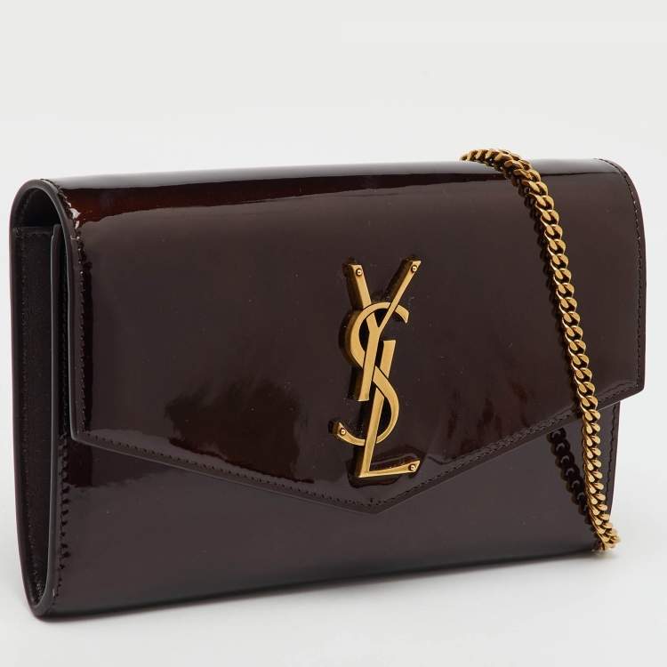 Pre Owned Saint Laurent Brown Patent Leather Uptown Wallet on Chain