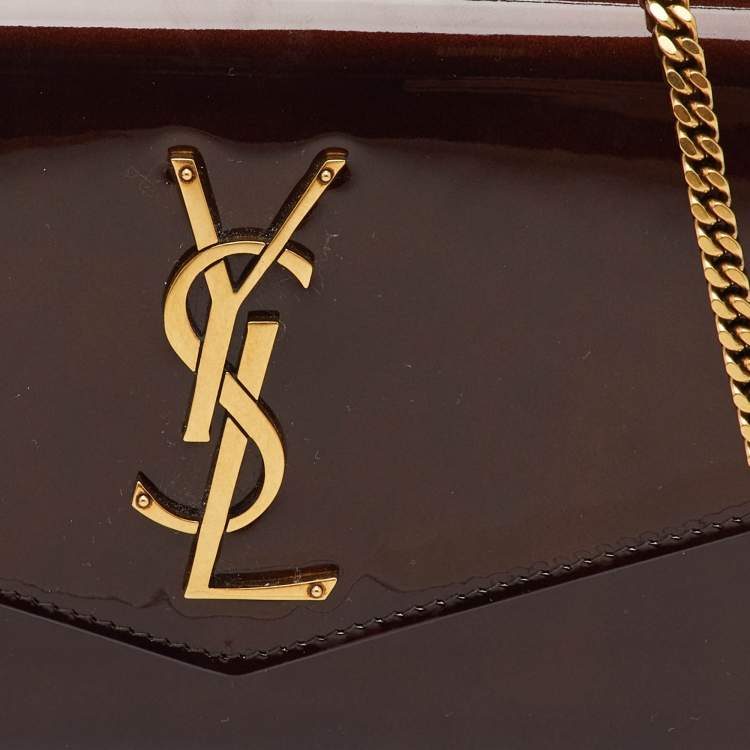 Pre Owned Saint Laurent Brown Patent Leather Uptown Wallet on Chain