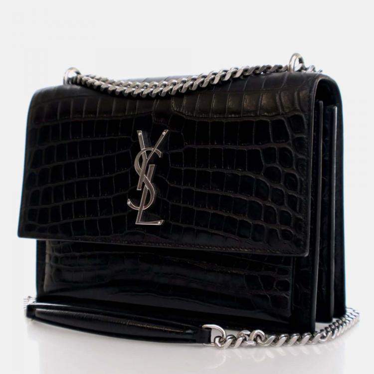 Pre Owned Saint Laurent Paris Sunset Medium Black Calfskin Embossed  Flap Bag