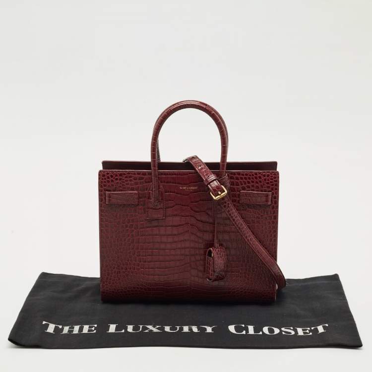 Pre Owned Saint Laurent Burgundy Croc Embossed Leather Baby Classic Sac De Jour Tote