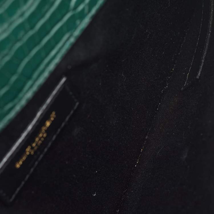 Pre Owned Saint Laurent Dark Green Croc Embossed Leather Uptown Clutch