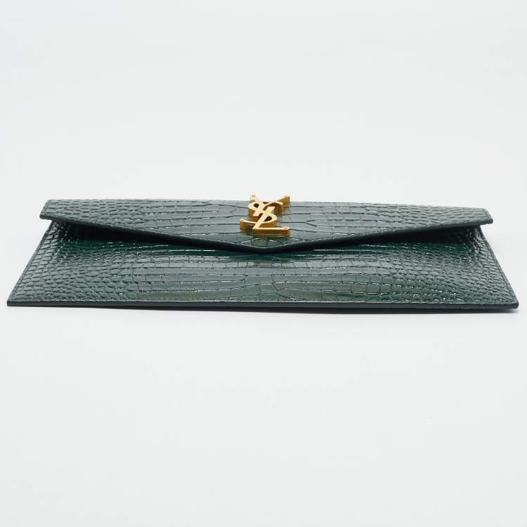 Pre Owned Saint Laurent Dark Green Croc Embossed Leather Uptown Clutch