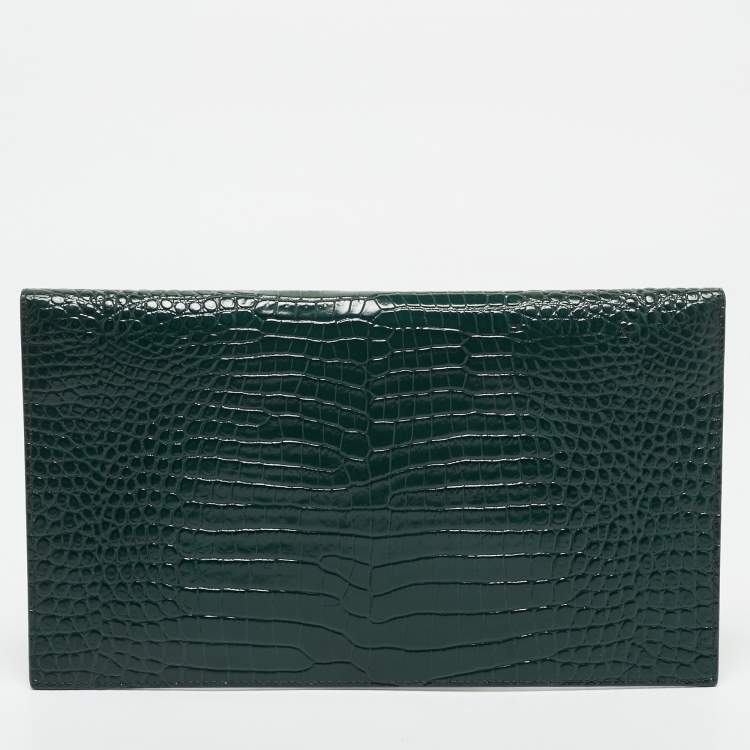 Pre Owned Saint Laurent Dark Green Croc Embossed Leather Uptown Clutch