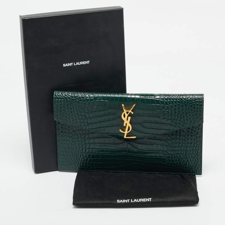 Pre Owned Saint Laurent Dark Green Croc Embossed Leather Uptown Clutch