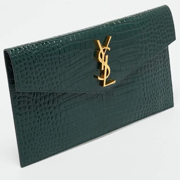 Pre Owned Saint Laurent Dark Green Croc Embossed Leather Uptown Clutch