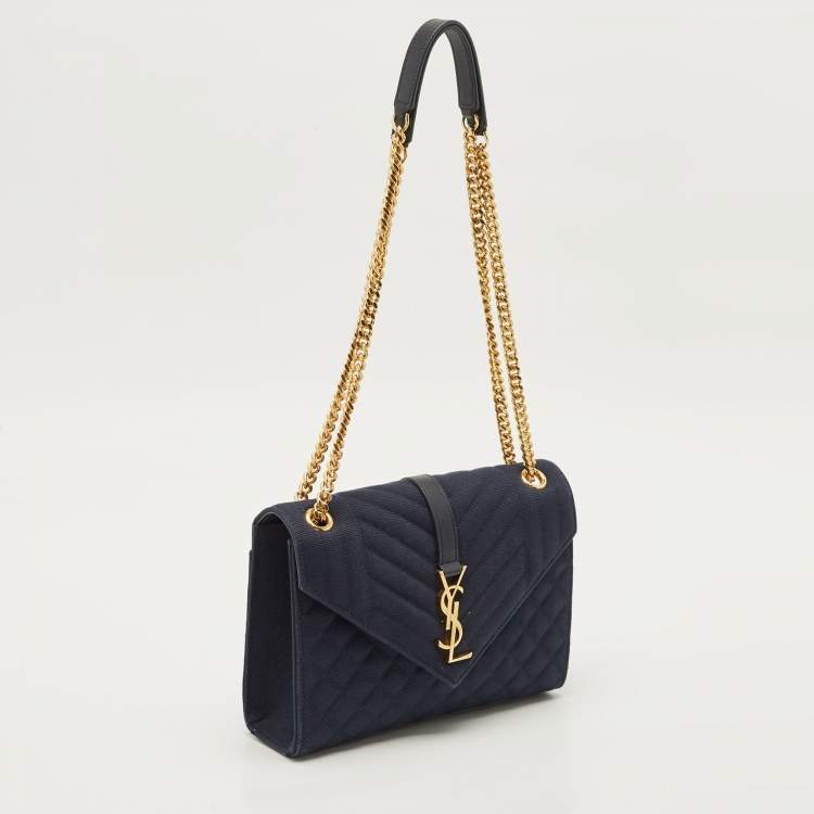 Pre Owned Saint Laurent Navy Blue Mix Matelassé Fabric Medium Envelope Shoulder Bag