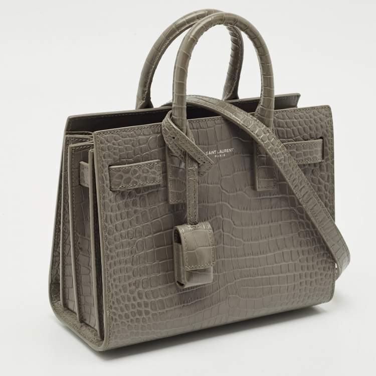 Pre Owned Saint Laurent Grey Croc Embossed Leather Nano Classic Sac De Jour Tote