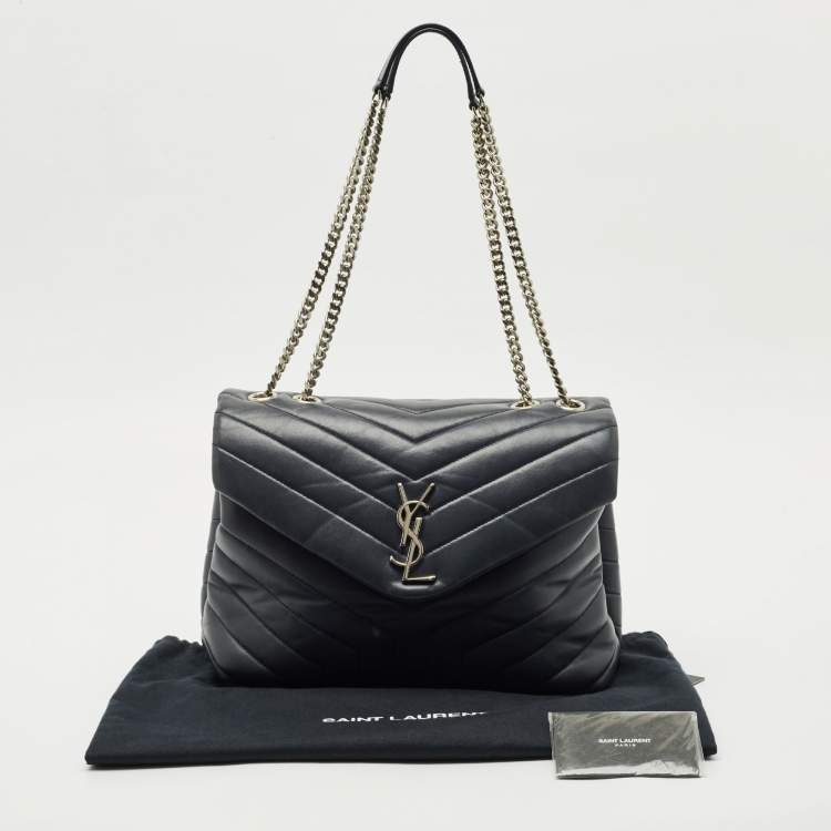 Pre Owned Saint Laurent Dark Grey Matelassé Leather Medium Loulou Shoulder Bag