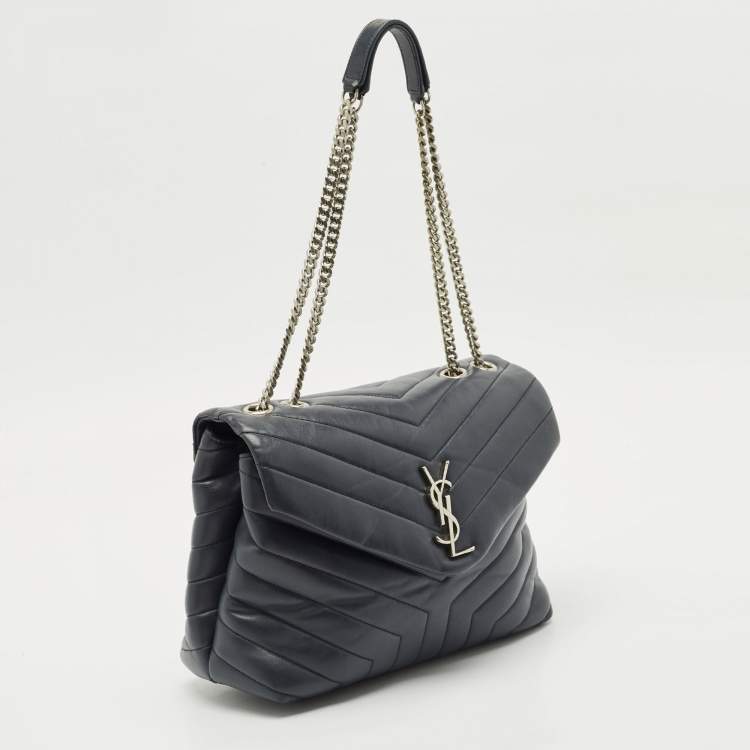 Pre Owned Saint Laurent Dark Grey Matelassé Leather Medium Loulou Shoulder Bag