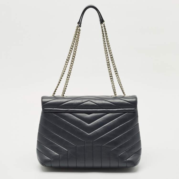 Pre Owned Saint Laurent Dark Grey Matelassé Leather Medium Loulou Shoulder Bag