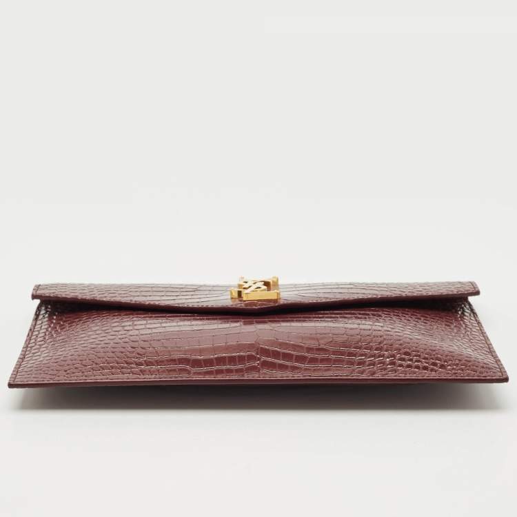 مملوكة مسبقًا Saint Laurent Burgundy Croc Embossed Leather Medium Uptown Clutch