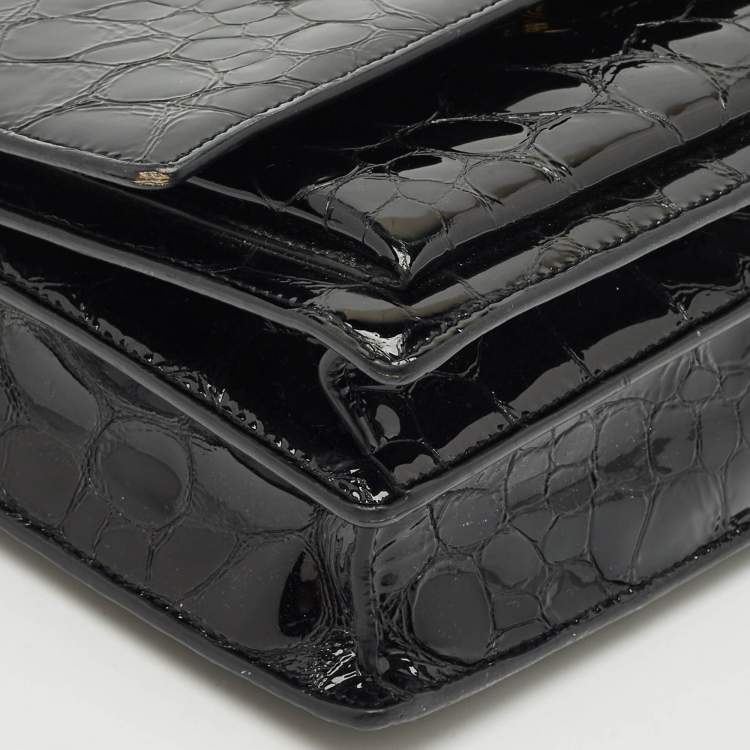 مملوكة مسبقًا Saint Laurent Black Croc Embossed Patent Leather Medium Sunset Shoulder Bag