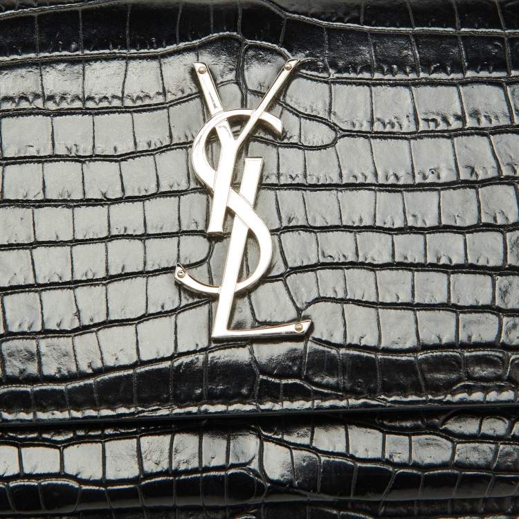 Pre Owned Saint Laurent Black Croc Embossed Leather Sunset Wallet On Chain