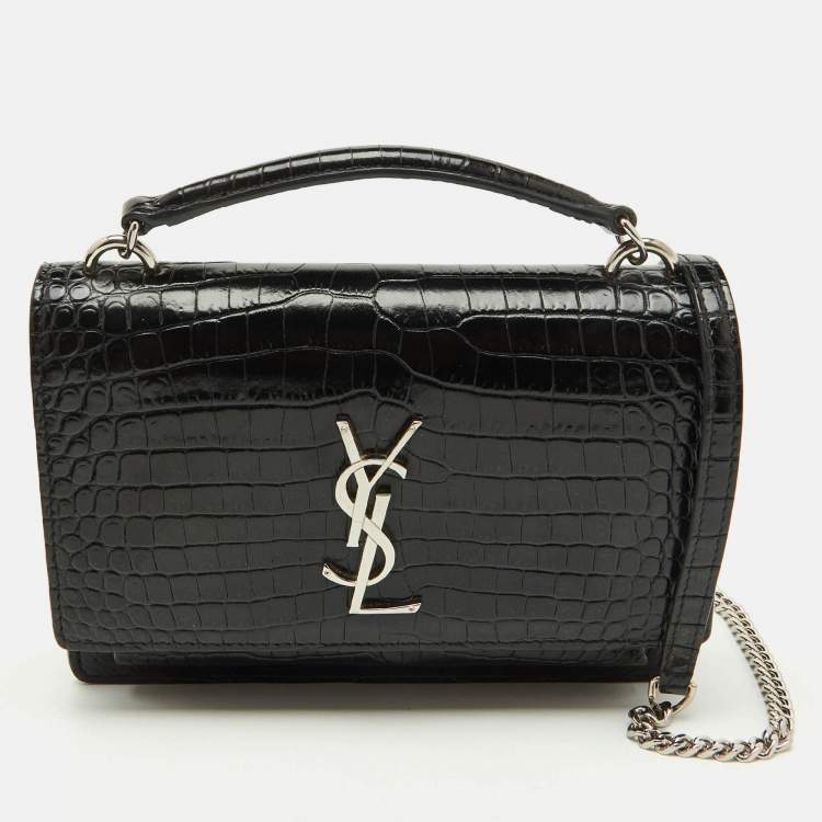 Pre Owned Saint Laurent Black Croc Embossed Leather Sunset Wallet On Chain