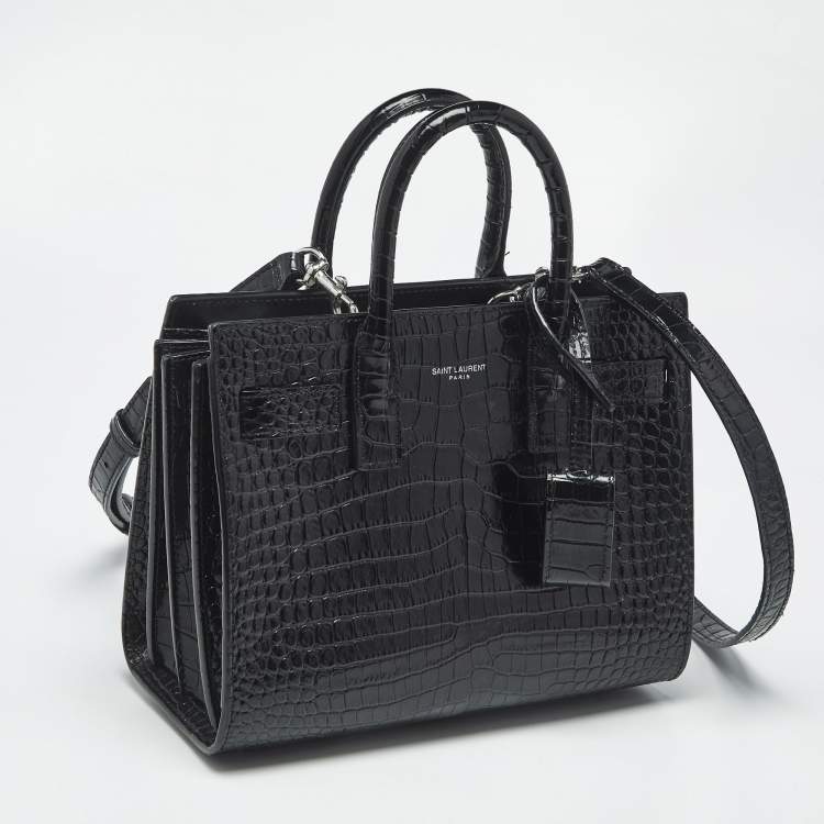 Pre Owned Saint Laurent Black Croc Embossed Leather Nano Classic Sac De Jour Tote