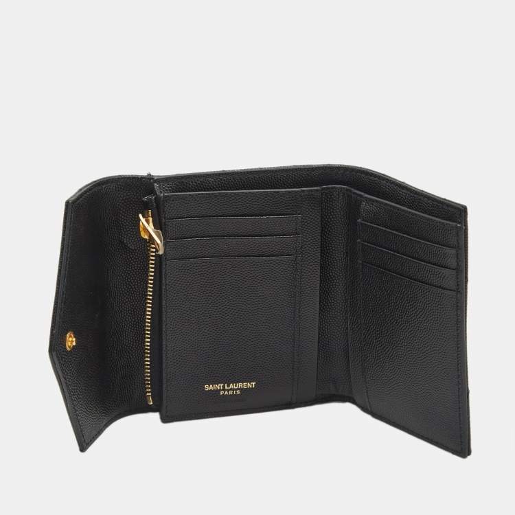 Pre Owned Saint Laurent Black Matelasse Leather Cassandre Trifold Wallet  